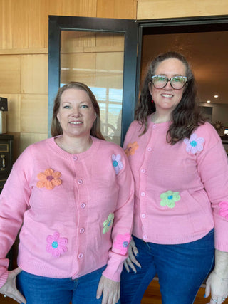 PINK BUTTON UP CARDIGAN WITH CHUNKY KNIT FLOWERS