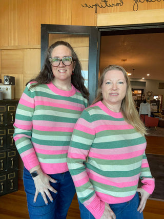 Pink and Green Striped Crewneck Sweater