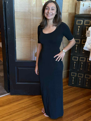 SOFT MODAL FABRIC DRAPED BLACK CLASSIC EVERYDAY WEAR MAXI DRESS