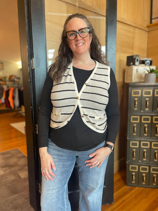 BLACK AND WHITE STRIPED SWEATER VEST WITH GOLD BUTTONS