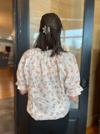 WHITE EYELET BOHO TOP WITH PEACH FLOWERS