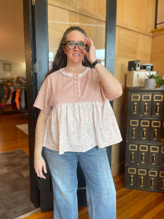 Pink Waffle Baby Doll Henley With Floral Bottom Shirt