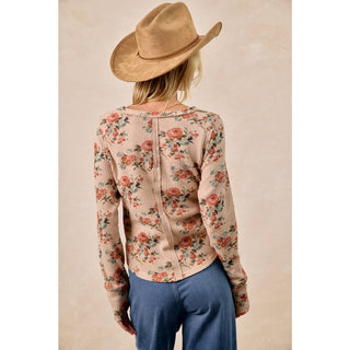 FLORAL PRINT WASHED WAFFLE THERMAL TOP WITH THUMB: TAUPE / L