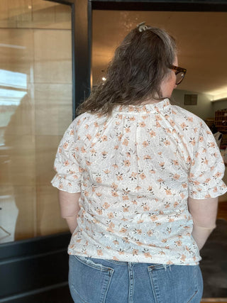 WHITE EYELET BOHO TOP WITH PEACH FLOWERS