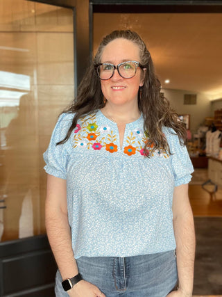 BLUE FLORAL SHORT SLEEVE BOHO BLOUSE WITH EMBROIDERED COLORFUL FLOWERS