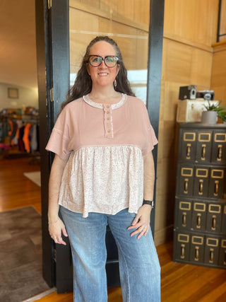 Pink Waffle Baby Doll Henley With Floral Bottom Shirt