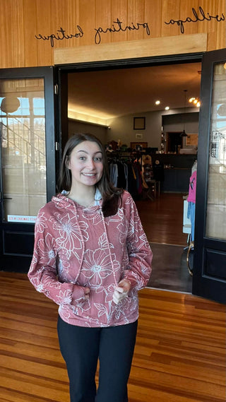 Brown Floral Twisted Rib Drawstring Kangaroo Pocket Hoodie