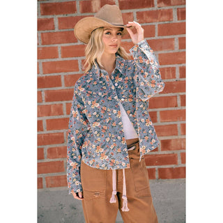 WOMENS BLUE FLORAL COTTON DENIM BUTTON SHIRT JACKET: WASHED DENIM / XL