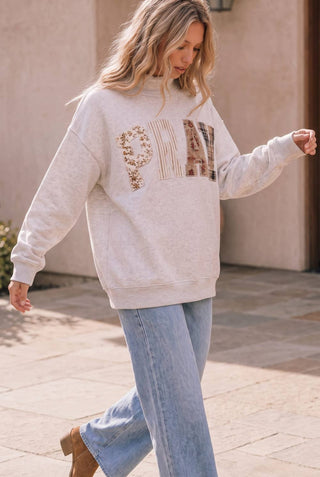 PRAY PATCHWORK OVERSIZED PULLOVER MOCK KNECKLINE SWEATSHIRT