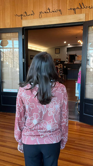 Brown Floral Twisted Rib Drawstring Kangaroo Pocket Hoodie