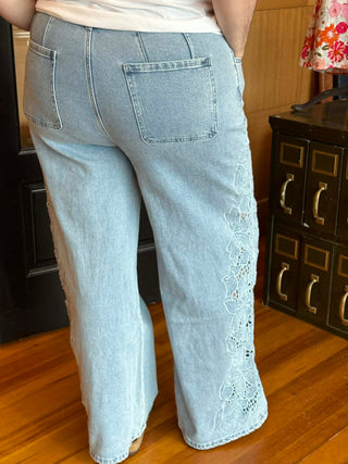 BLAKELY LACE CUT OUT FLORAL WIDE LEG DENIM JEANS