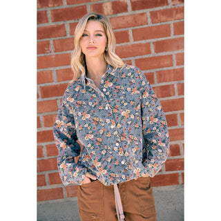 WOMENS BLUE FLORAL COTTON DENIM BUTTON SHIRT JACKET: WASHED DENIM / S