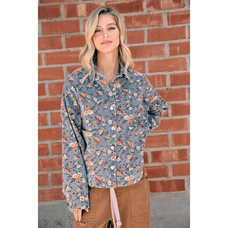 WOMENS BLUE FLORAL COTTON DENIM BUTTON SHIRT JACKET: WASHED DENIM / S