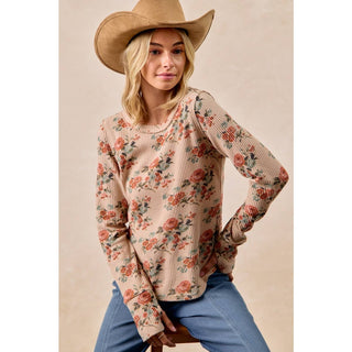 FLORAL PRINT WASHED WAFFLE THERMAL TOP WITH THUMB: TAUPE / XL