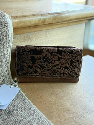 FLORAL TOOLED LEATHER FOLD OVER SNAP CLOSE CLUTCH WALLET