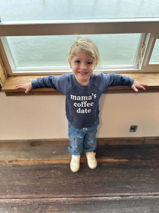 MAMA'S COFFEE DATE KIDS HEATHERED NAVY CREWNECK SWEATSHIRT