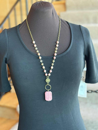 PINK AGATE STONE AND BEAD LONG NECKLACE