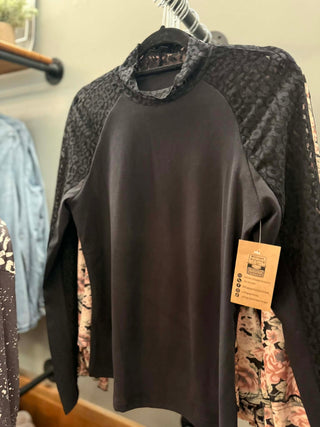 BLACK LEOPARD MESH 2 TONE LONG SLEEVE TOP