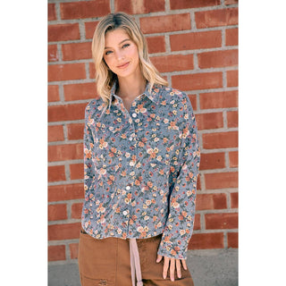 WOMENS BLUE FLORAL COTTON DENIM BUTTON SHIRT JACKET: WASHED DENIM / M