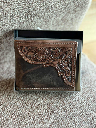 SLIM GENUINE LEATHER TRI-FOLD WALLET TOOLED AND EMBOSSED