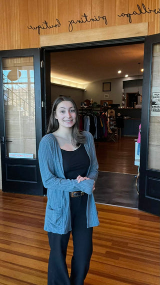 Stone Blue Ribbed Open Front Knitted Top with Pockets