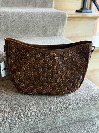 GENUINE BROWN SOFT LEATHER WOVEN PURSE HANDBAG WITH STUDS