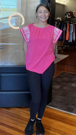 FLORAL EMBROIDERED FLUTTER SLEEVE BLOUSE – SACHET PINK