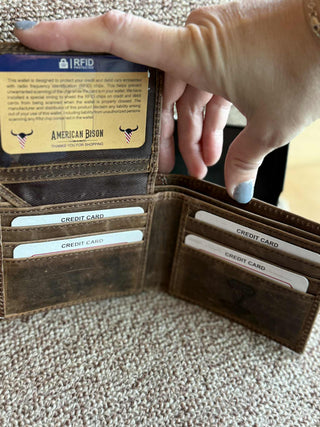 SLIM GENUINE LEATHER TRI-FOLD WALLET TOOLED AND EMBOSSED