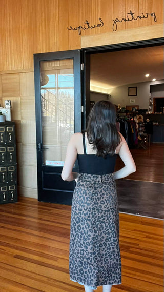 "The Wild One" - Brown Leopard Denim Frayed Split Denim Midi Skirt