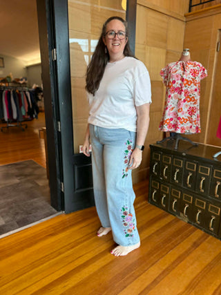 BLAKELEY LIGHT WASH DENIM BEAUTIFUL FLORAL EMBROIDERED WIDE LEG JEANS