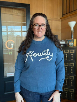 Dusk Blue Howdy Embroidered Graphic Western Sweater