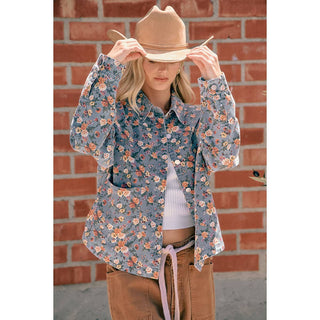 WOMENS BLUE FLORAL COTTON DENIM BUTTON SHIRT JACKET: WASHED DENIM / M