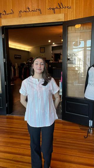 Fiery Red Breathable Gauze Half Button Short Sleeve Casual Blouse