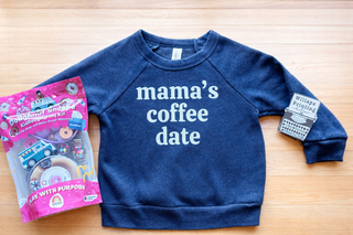 MAMA'S COFFEE DATE KIDS HEATHERED NAVY CREWNECK SWEATSHIRT