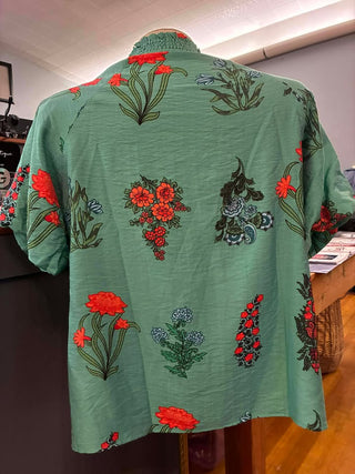 Bright Green Floral Print Buttoned V Neck Short Sleeve Blouse