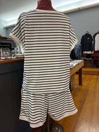 White Stripe Contrast Edge Tee and Shorts Set