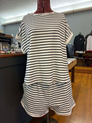White Stripe Contrast Edge Tee and Shorts Set