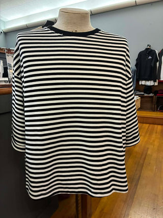 Black Stripe Bowknot Cutout Back Drop Shoulder Wide Bracelet Sleeve Loose Tee