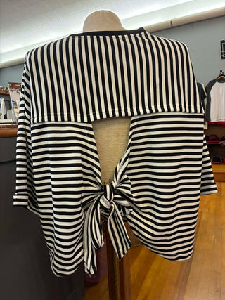 Black Stripe Bowknot Cutout Back Drop Shoulder Wide Bracelet Sleeve Loose Tee