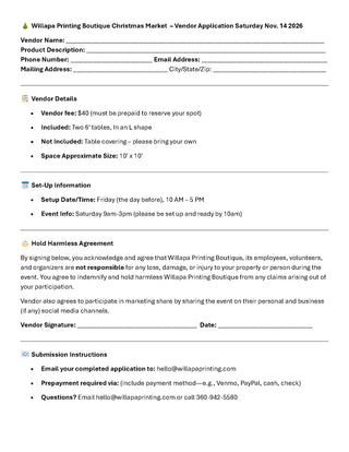 2026 Christmas Market Vendor Fee $40