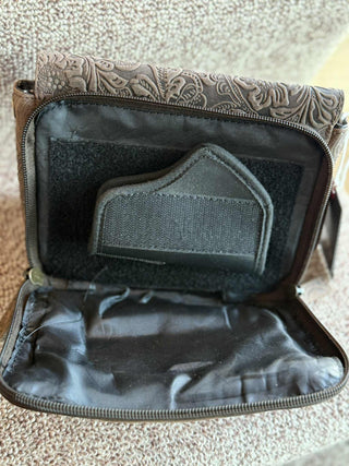 GENUINE BROWN LEATHER FLOWER TOOLED CONCEALED CARRY PURSE