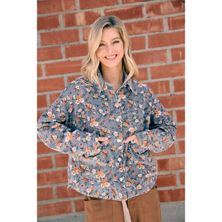 WOMENS BLUE FLORAL COTTON DENIM BUTTON SHIRT JACKET: WASHED DENIM / XL