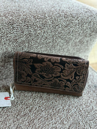 FLORAL TOOLED LEATHER FOLD OVER SNAP CLOSE CLUTCH WALLET
