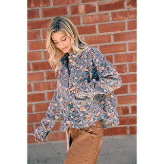WOMENS BLUE FLORAL COTTON DENIM BUTTON SHIRT JACKET: WASHED DENIM / XL