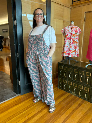 BLAKELY FLORAL DENIM BLUE OVERSIZED OVERALLS