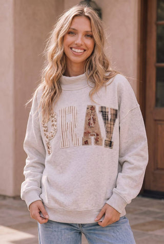 PRAY PATCHWORK OVERSIZED PULLOVER MOCK KNECKLINE SWEATSHIRT