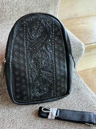 MONTANA TOOLED GENUINE BLACK LEATHER CHEST BAG CROSS BODY