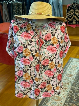 FLORAL ROSE V-NECK RUFFLE BLOUSE