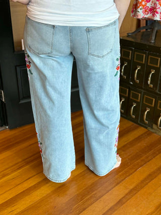 BLAKELEY LIGHT WASH DENIM BEAUTIFUL FLORAL EMBROIDERED WIDE LEG JEANS