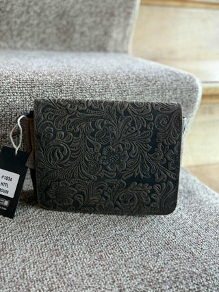 GENUINE BROWN LEATHER FLOWER TOOLED CONCEALED CARRY PURSE